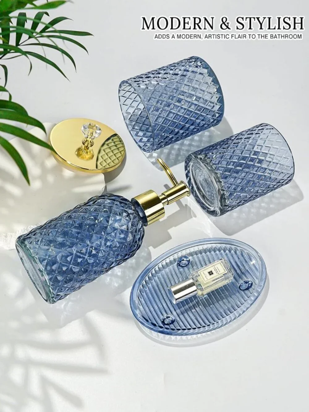 Navy Blue Glass Bathroom Accessories Set - 4 Piece Stylish Decor for Home